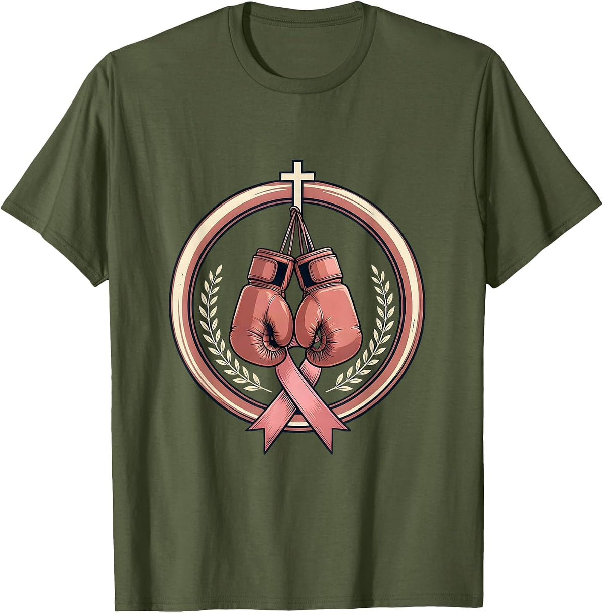 Pink Ribbon Boxing Gloves Breast Cancer Awareness T-Shirt - Olive Green