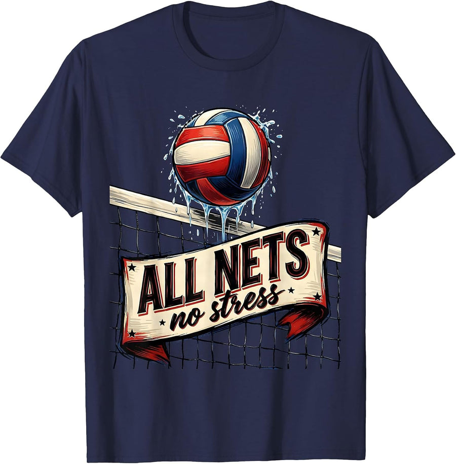 All Nets No Stress Volleyball Mom Design T-Shirt - Navy Blue