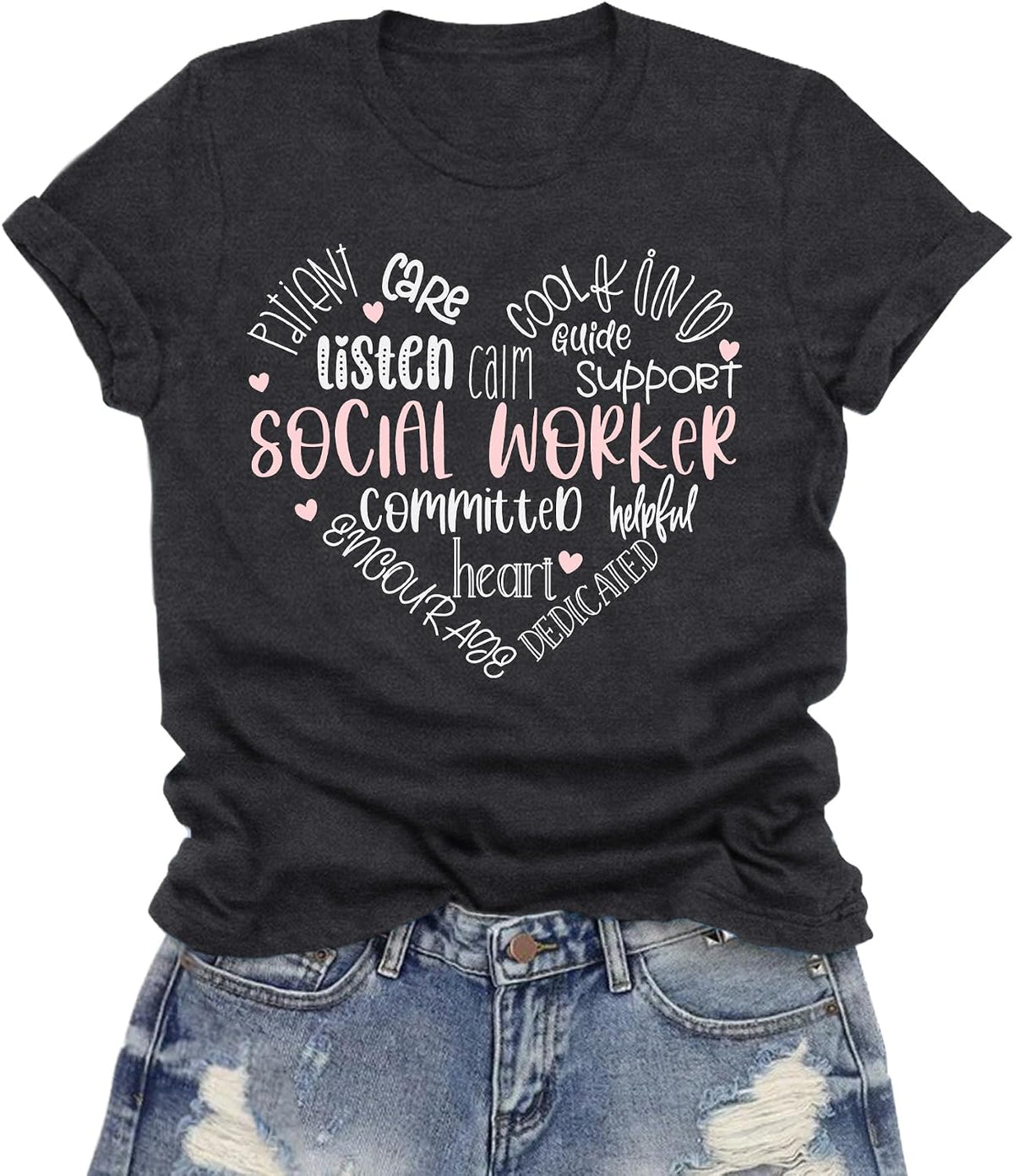 Womens Social Worker Shirt Social Work Life T-Shirts Cute Heart Tee Tops - Grey