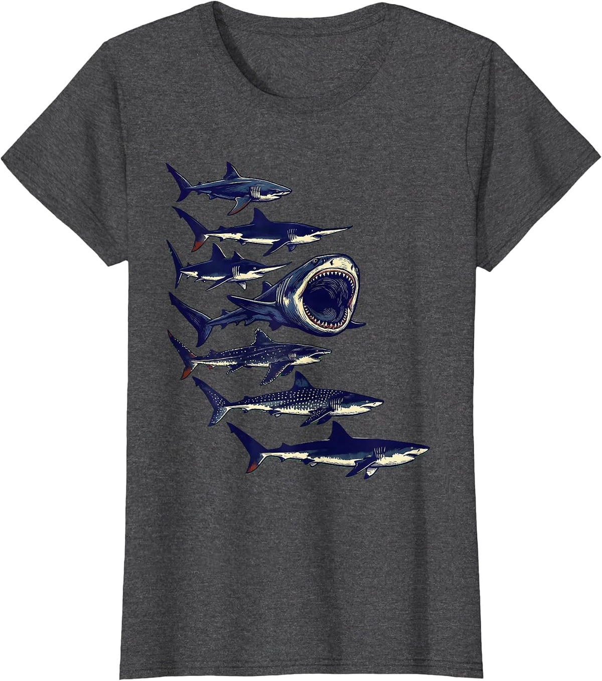Women's Shark Species Linocut Marine Biology Ocean Lover Humor T-Shirt - Dark Heather Grey