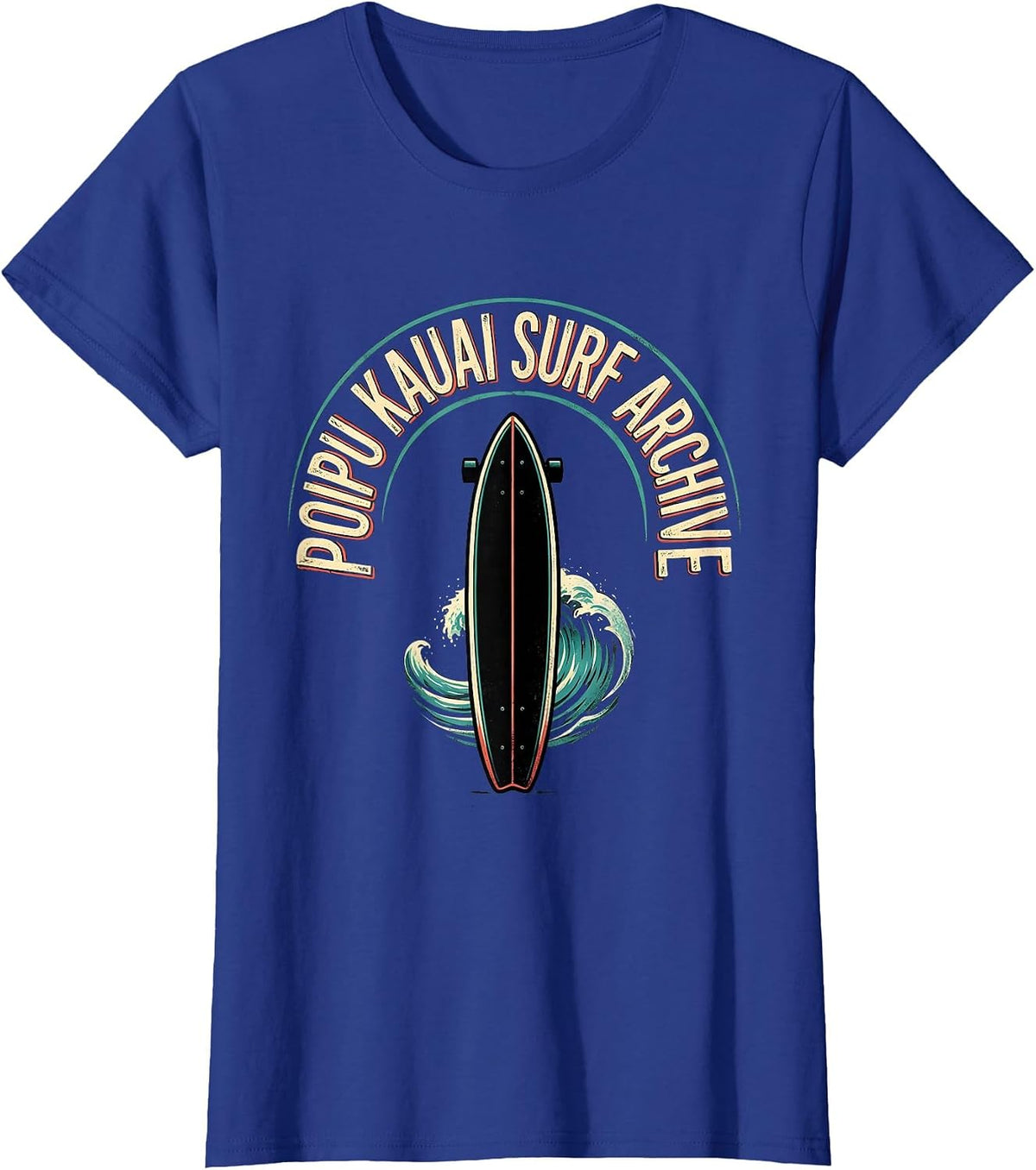 Women's Poipu Kauai Surf Archive Vintage Hawaii Retro Surfboard T-Shirt - Royal Blue