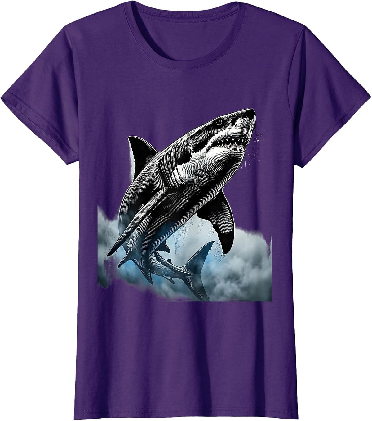 Women's Shark Emerging From Ocean Fog Illustration T-Shirt - Purple