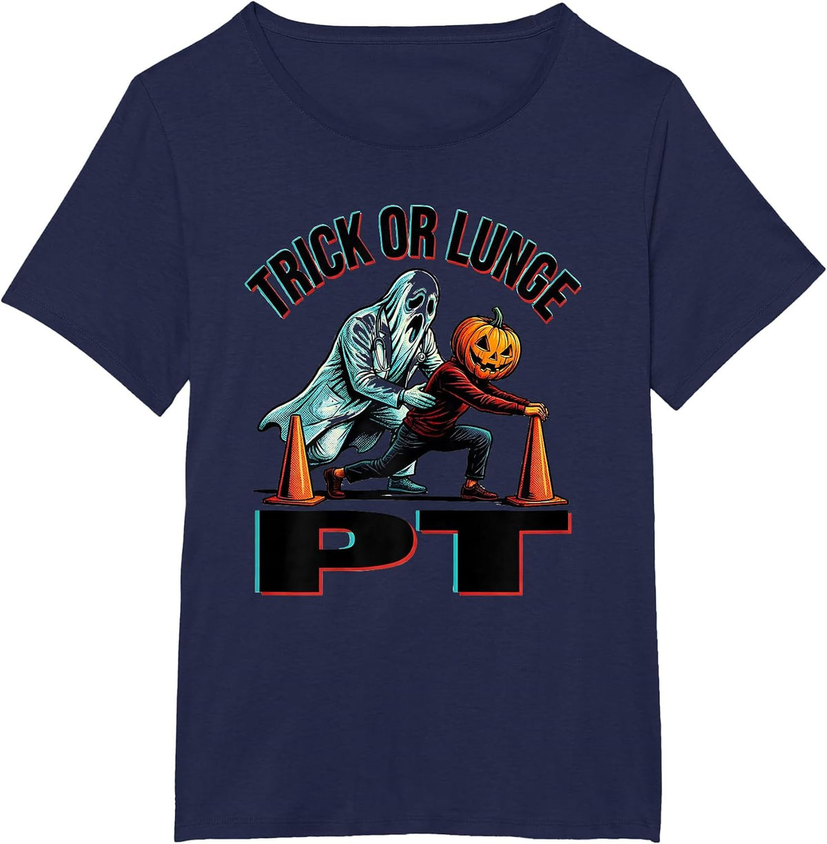 Women's Trick Or Lunge PT Pop Art Physical Therapy Halloween Humor T-Shirt - Navy Blue