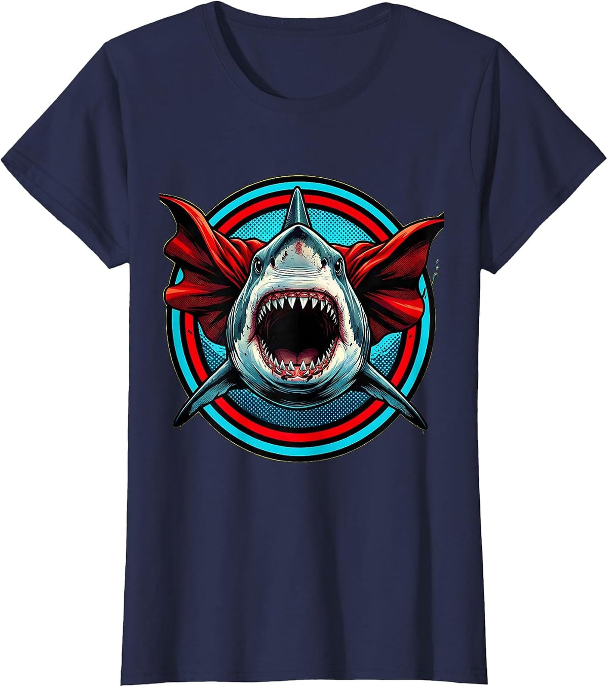 Women's Mommy Shark Superhero Cape Graphic Tee T-Shirt - Navy Blue