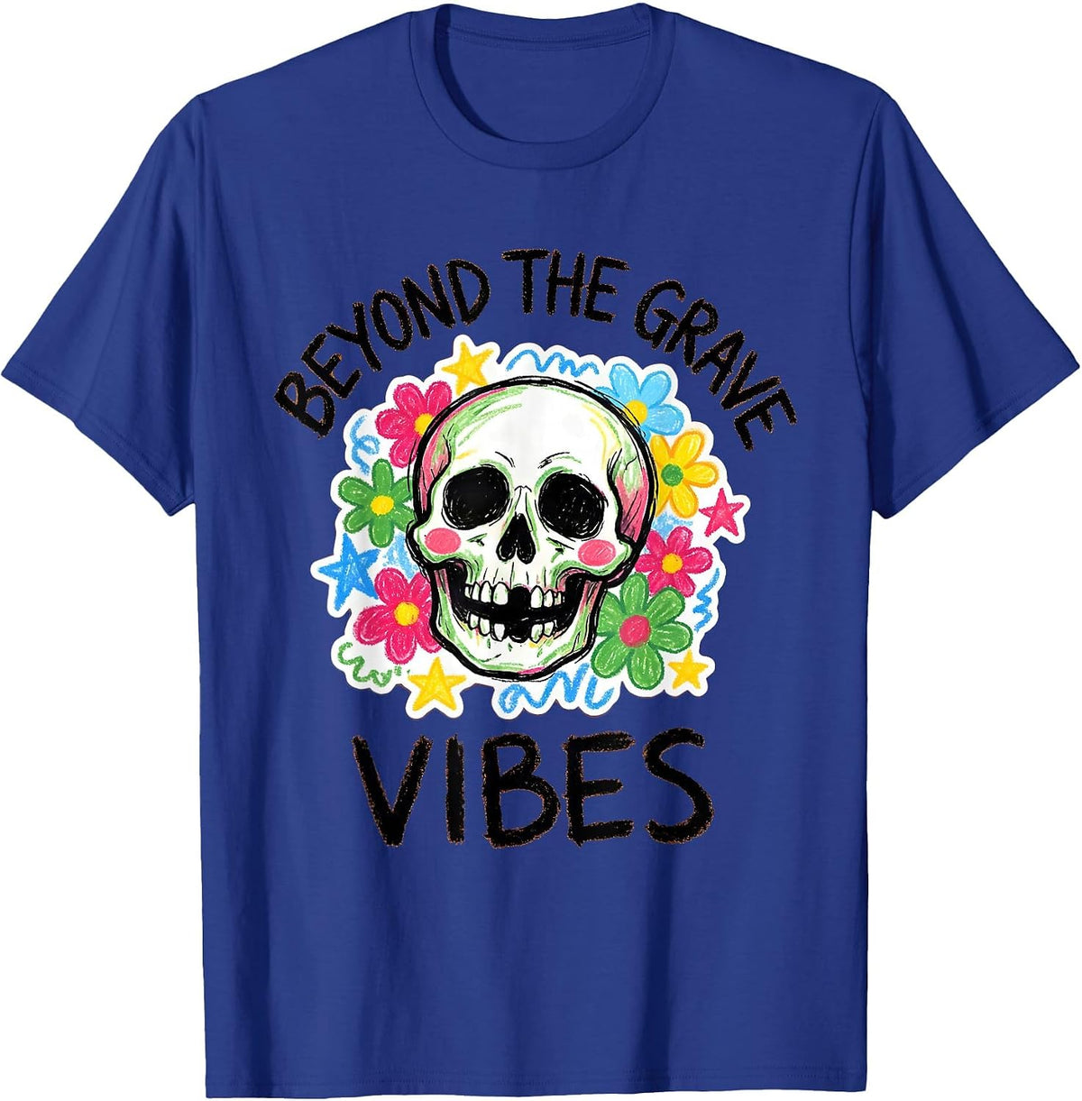 Beyond the Grave Vibes Skull Graphic Design T-Shirt - Royal Blue