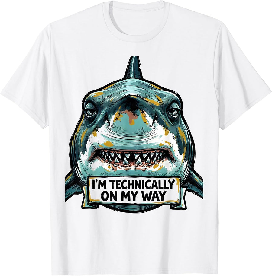 Men's I'm Technically On My Way Funny Shark Lover Ocean Animal T-Shirt - White