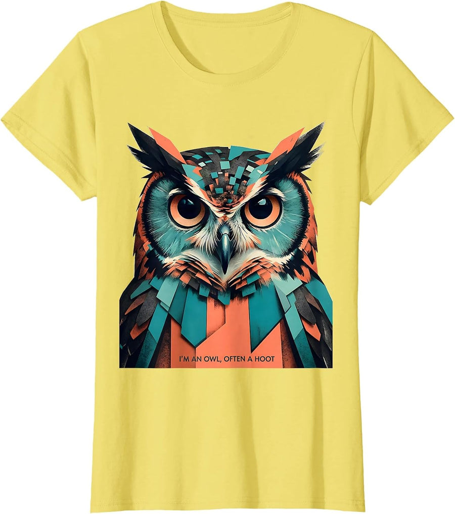 Women's I'm An Owl Often A Hoot Midcentury Modern Bird Lover Humor T-Shirt - Lemon Yellow