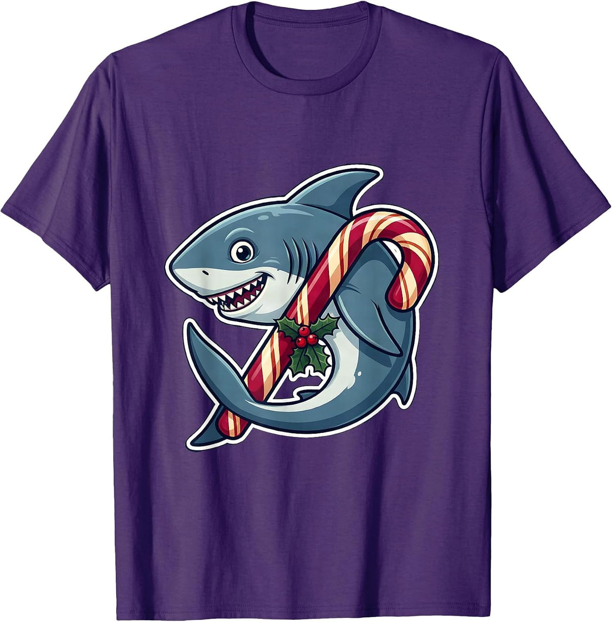 Men's Shark Candy Cane Funny Christmas Pun Novelty T-Shirt - Purple