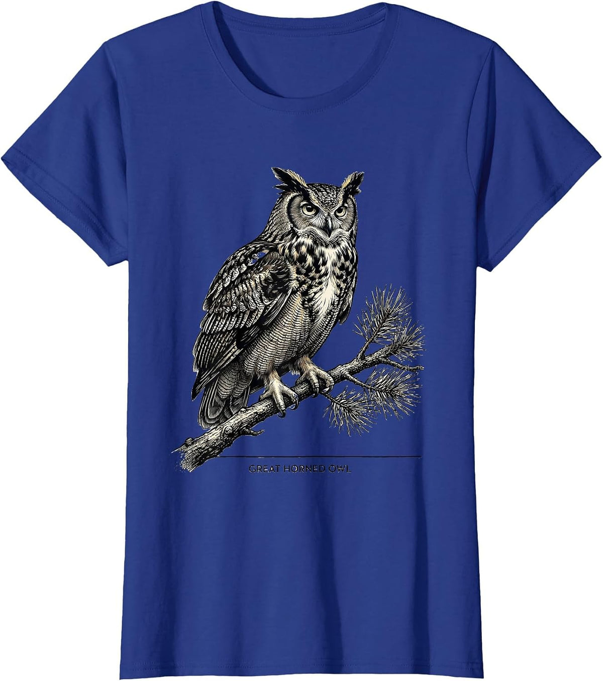 Women's Great Horned Owl Vintage Forest Wildlife Nature Reflection T-Shirt - Royal Blue