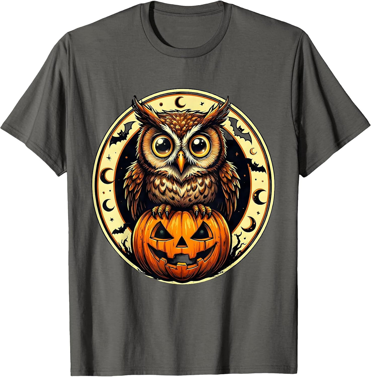 Men's Cute Halloween Owl on Glowing Pumpkin Design T-Shirt - Asphalt Grey