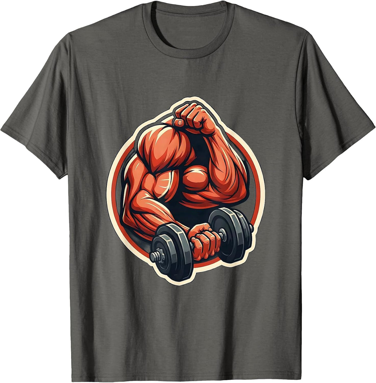 Muscular Arm Curl Dumbbell Workout Graphic T-Shirt - Asphalt Grey