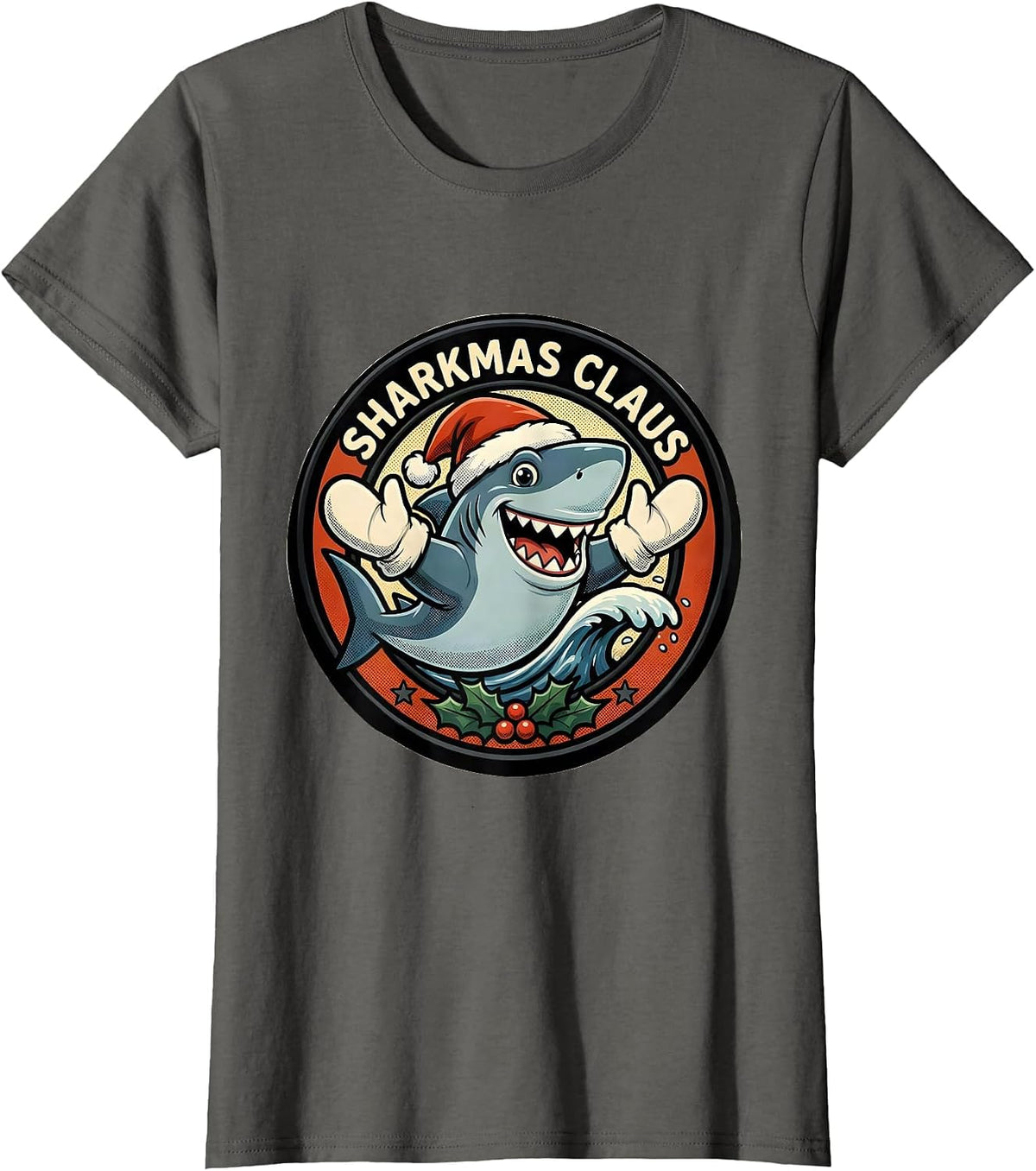 Women's Sharkmas Claus Retro Cartoon Shark Lover Christmas Humor T-Shirt - Asphalt Grey