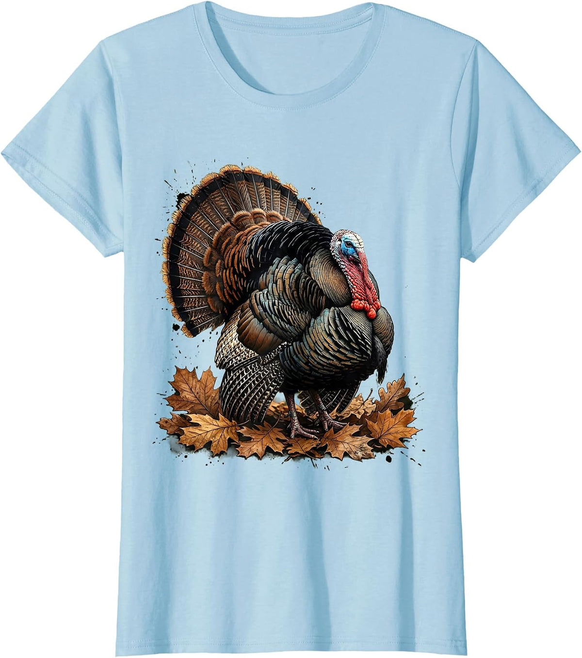 Women's Turkey Strutting Through Autumn Leaves Hunting T-Shirt - Baby Blue