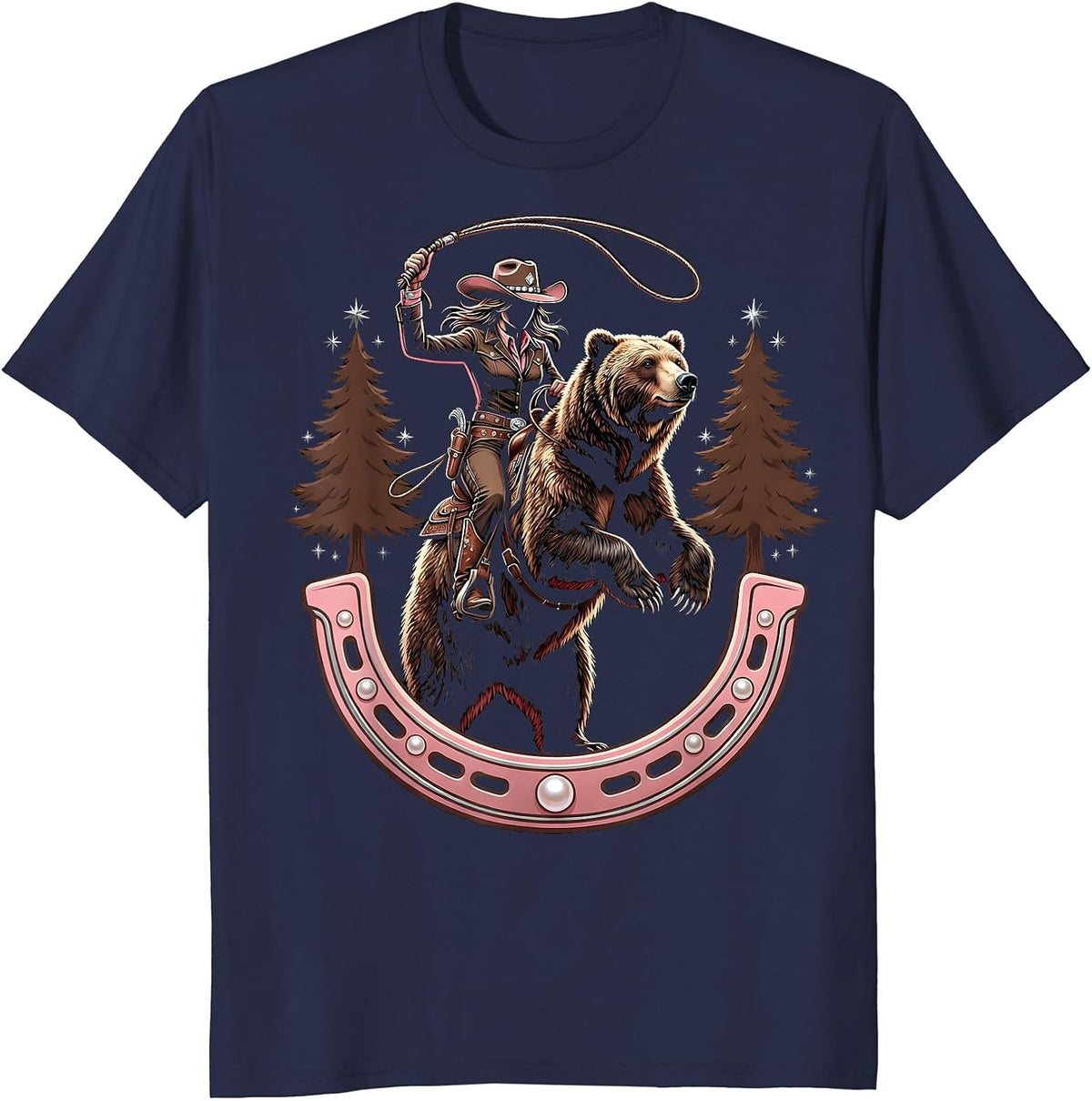 Cowgirl Riding Bear Through Pine Forest T-Shirt - Navy Blue