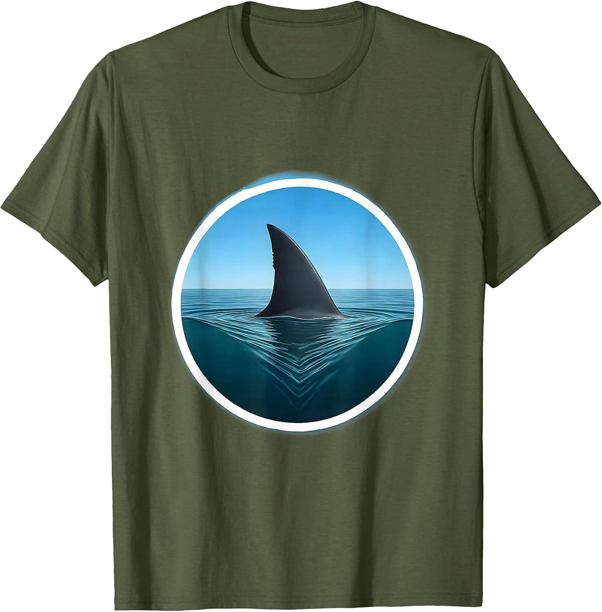 Shark Fin Glassy Ocean Surf Graphic T-Shirt - Olive Green