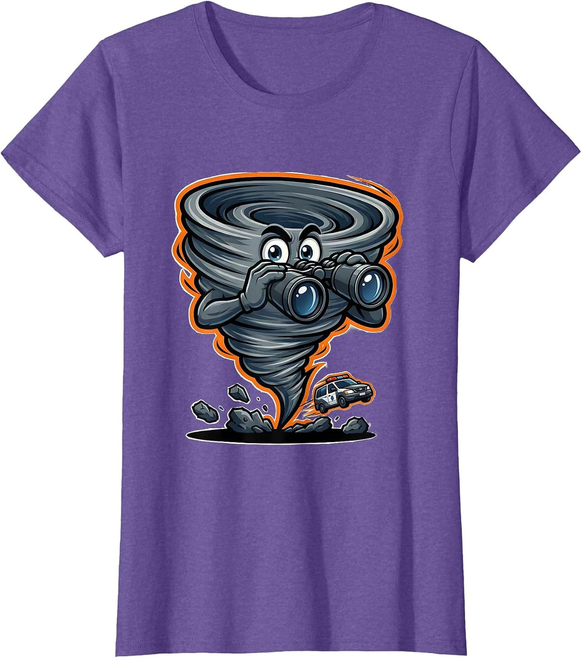 Women's Wide-Eyed Tornado Mascot Storm Chaser Meteorology Humor T-Shirt - Purple Heather