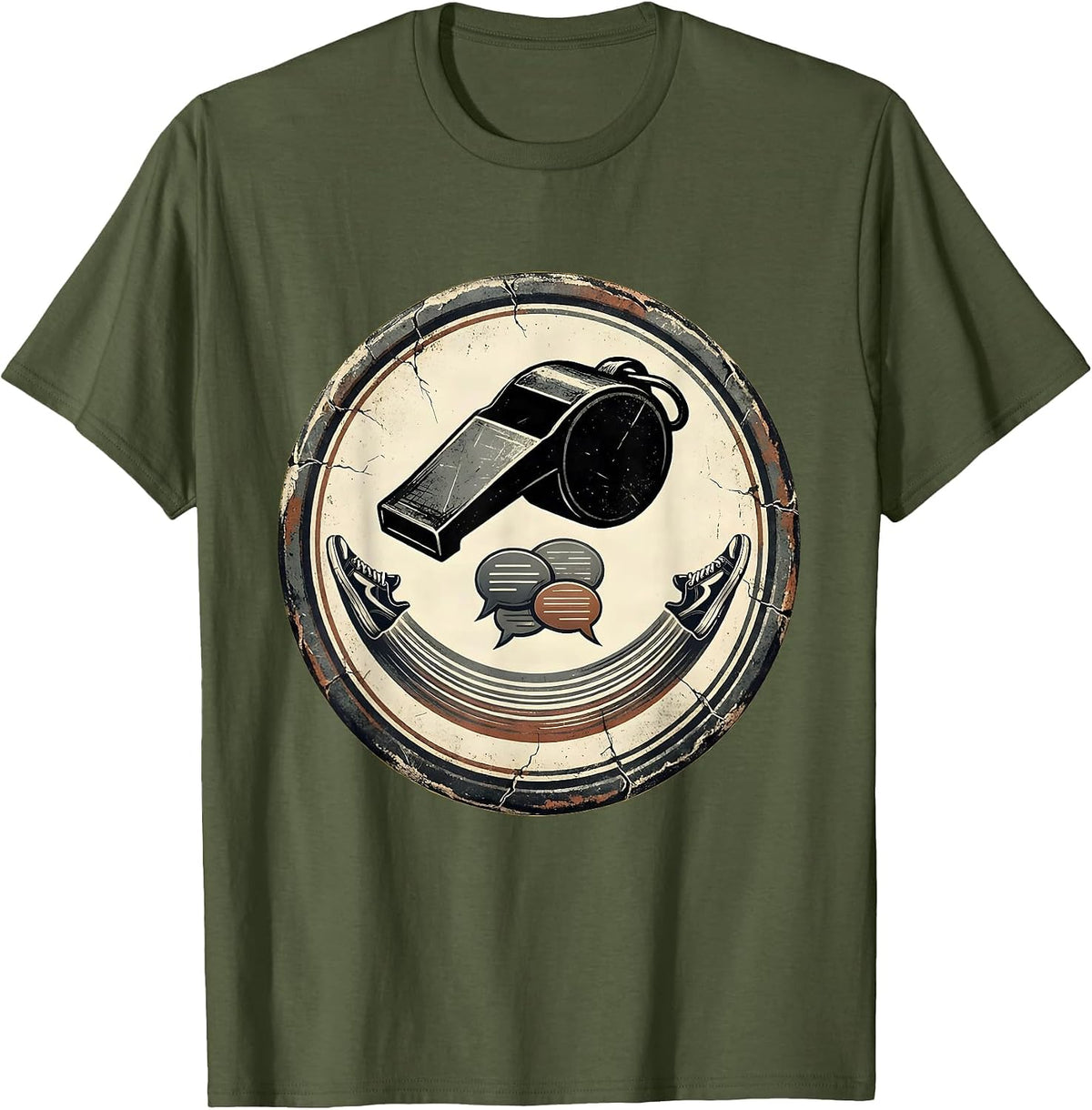 Gym Badge Whistle PE Teacher Back To School Humor T-Shirt - Olive Green