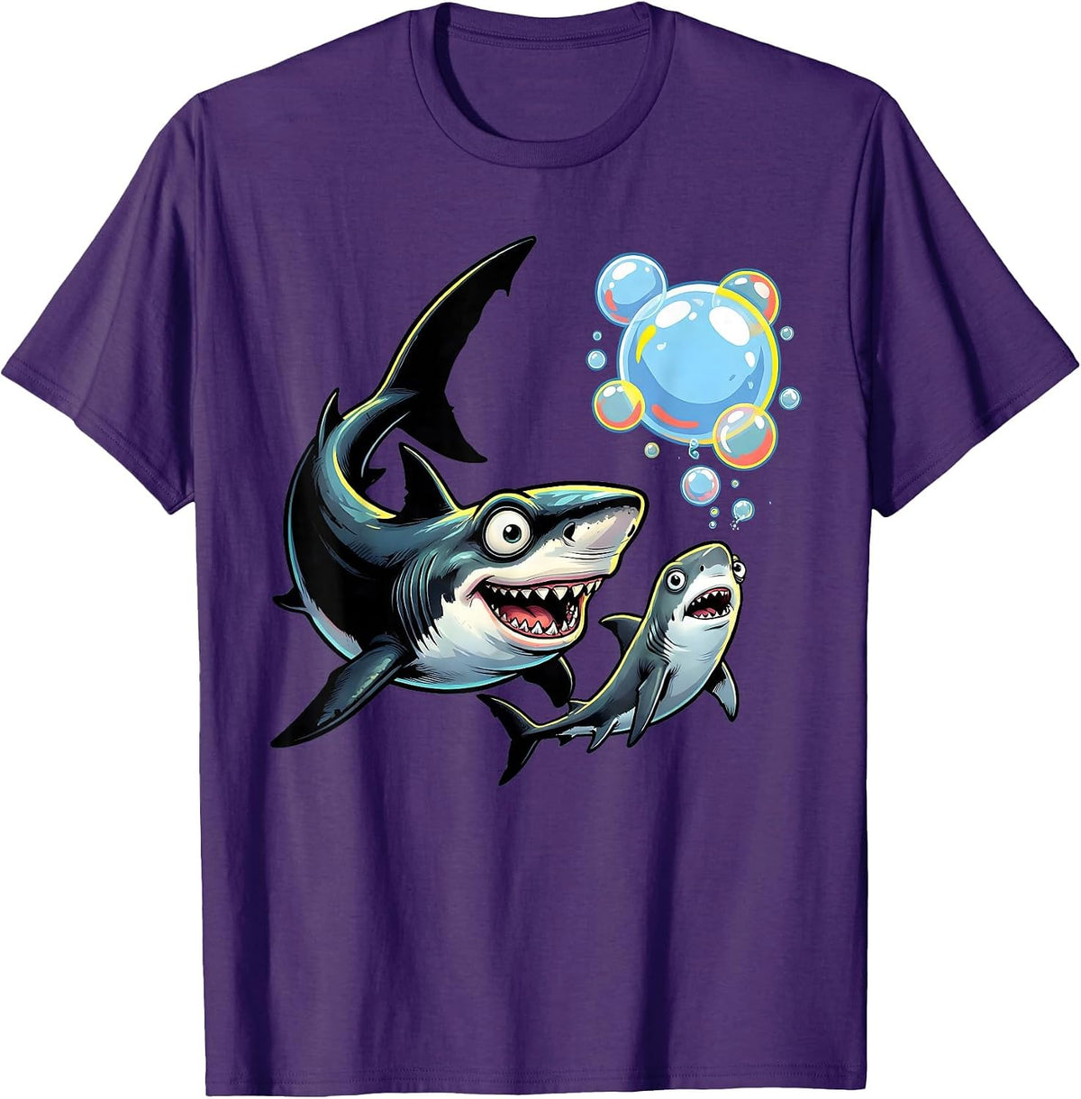 Men's Mommy Shark and Pup Chasing Ocean Bubbles T-Shirt - Purple