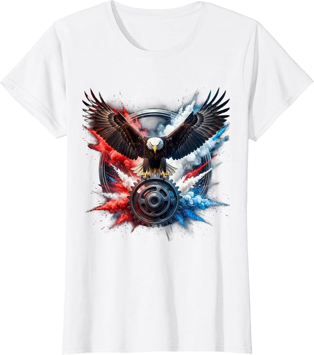 Bald Eagle Clutching Gear Cog Patriotic Design T-Shirt - White