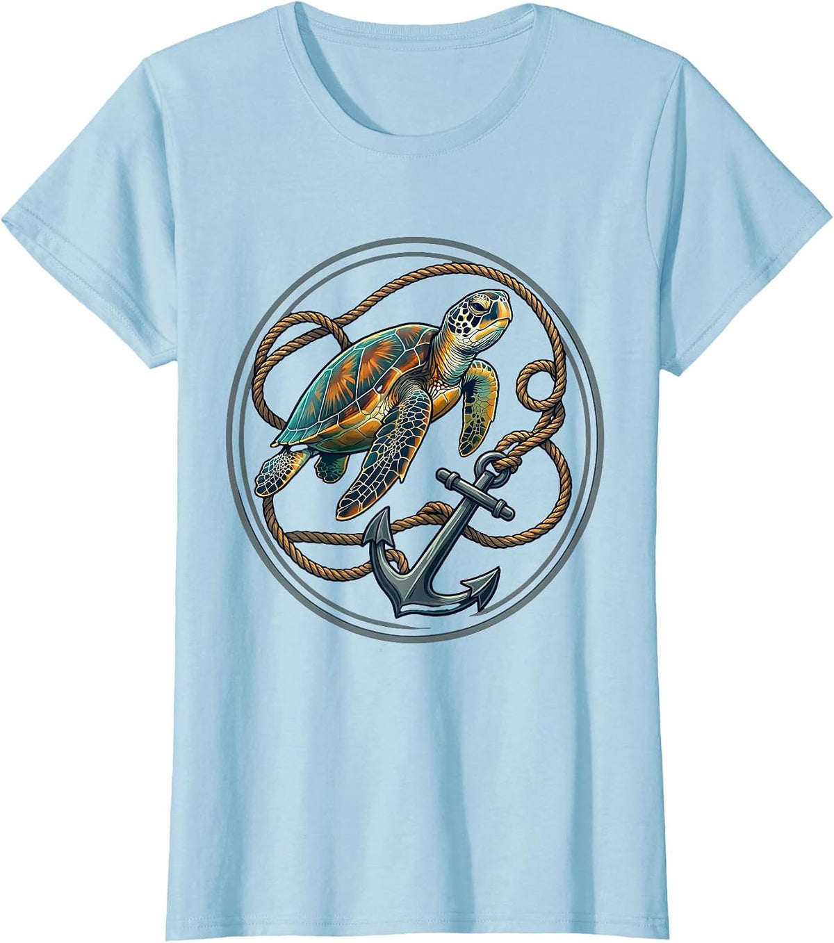 Sea Turtle Tangled in Anchor Rope Illustration T-Shirt - Baby Blue