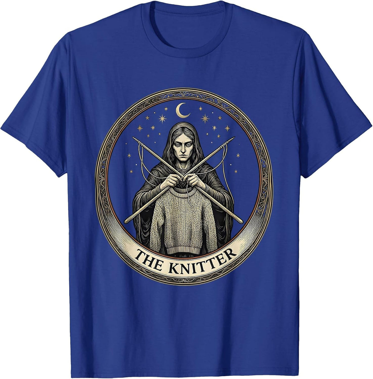 Men's THE KNITTER Emblem Funny Tarot Card Knitting Hobby Humor T-Shirt - Royal Blue