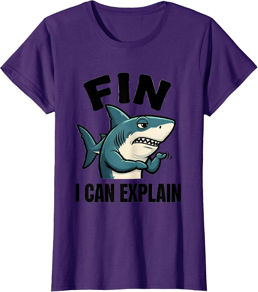 Women's Fin I Can Explain Funny Shark Lover Ocean Animal Humor T-Shirt - Purple