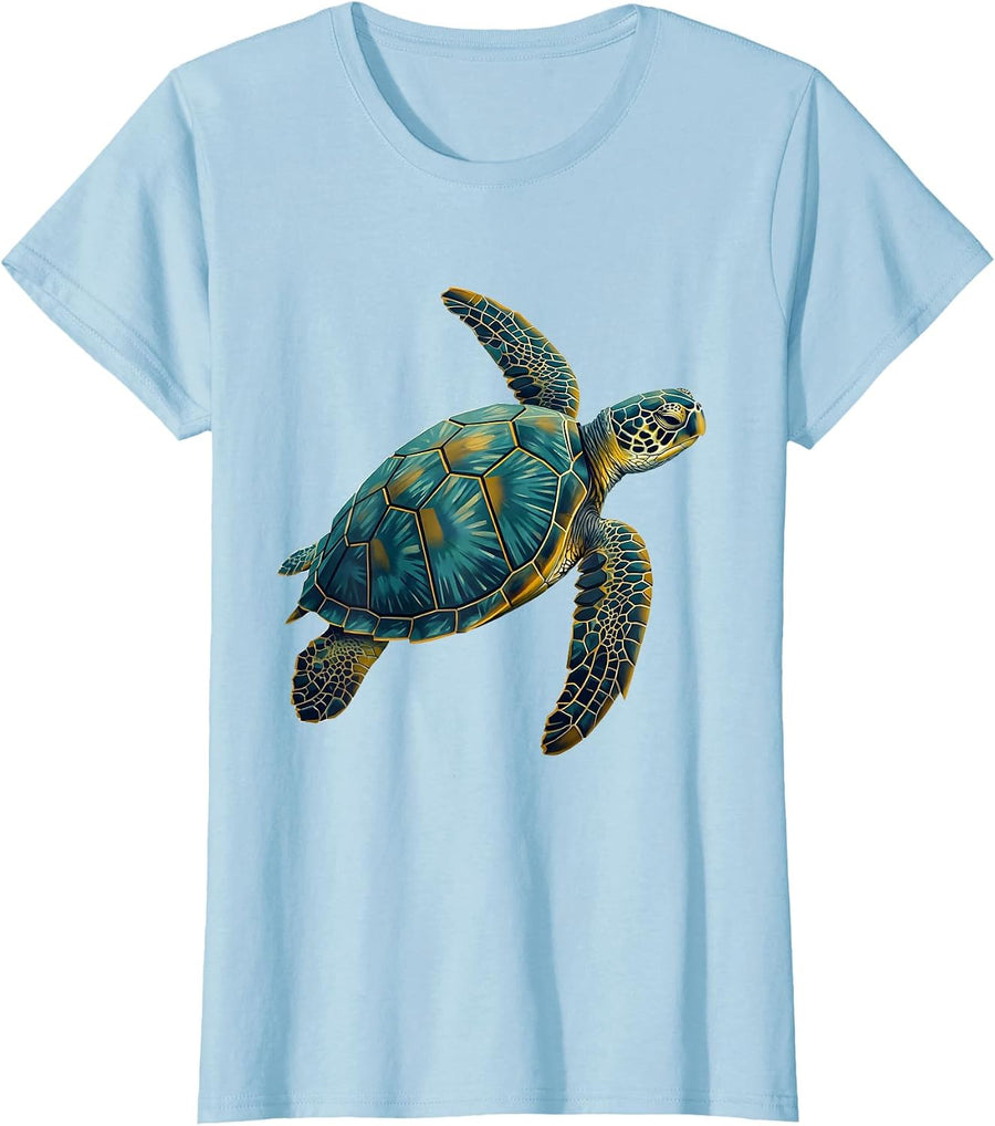 Women's Sea Turtle Midcentury Modern Ocean Animal Beach Art T-Shirt - Baby Blue