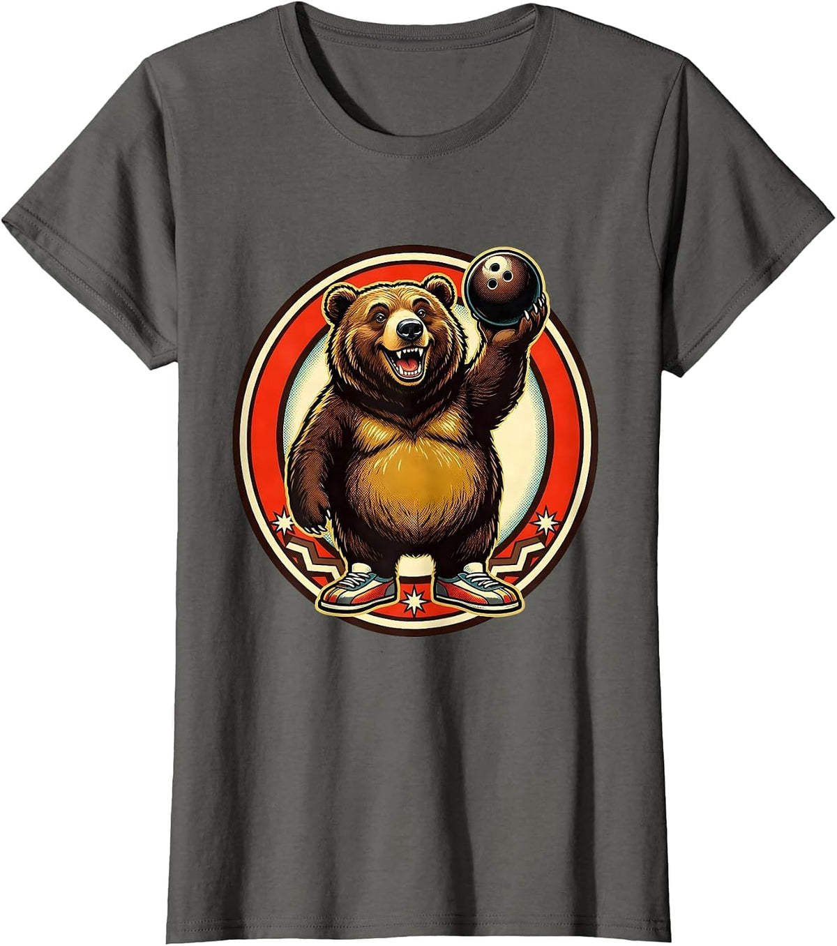 Women's Bear Bowling Illustration Funny Bowling Graphic T-Shirt - Asphalt Grey