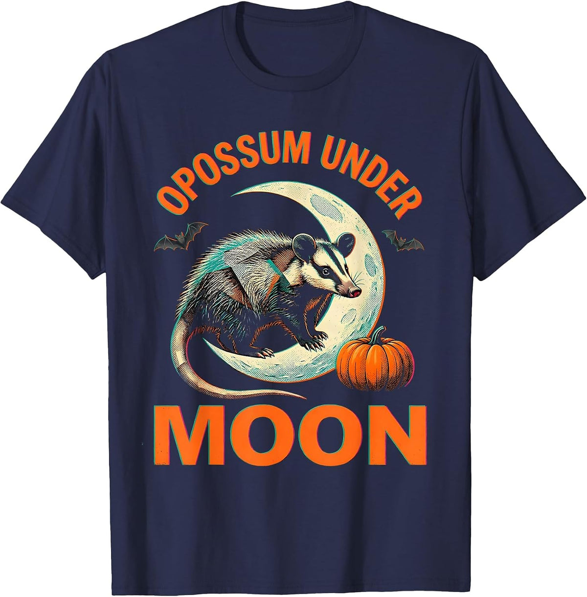 Opossum Under Moon Risograph Halloween Spooky Novelty T-Shirt - Navy Blue