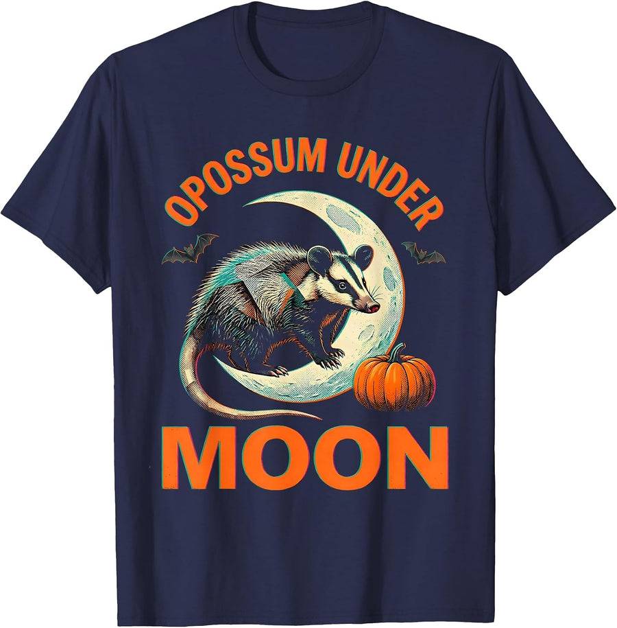 Opossum Under Moon Risograph Halloween Spooky Novelty T-Shirt - Navy Blue