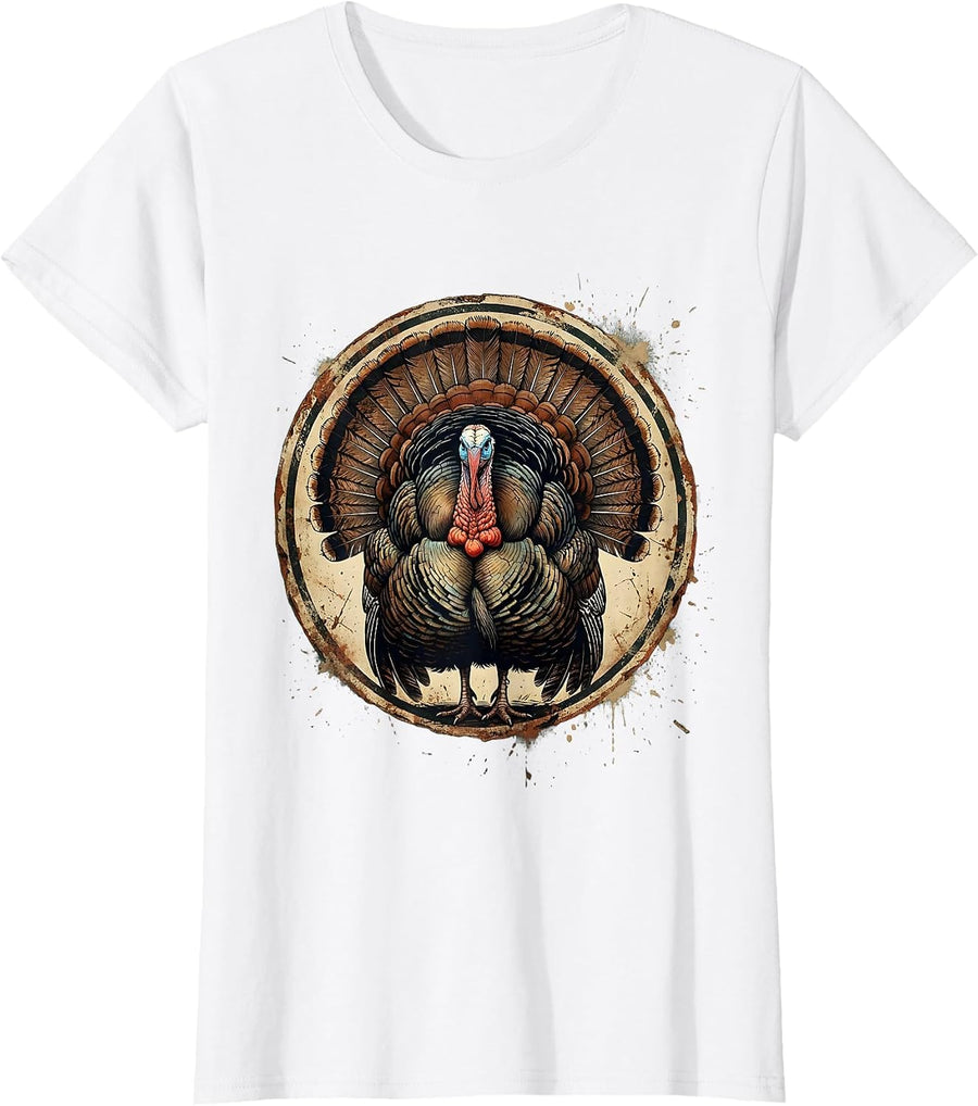 Women's Turkey Fan Spread Full Strut Hunting Illustration T-Shirt - White