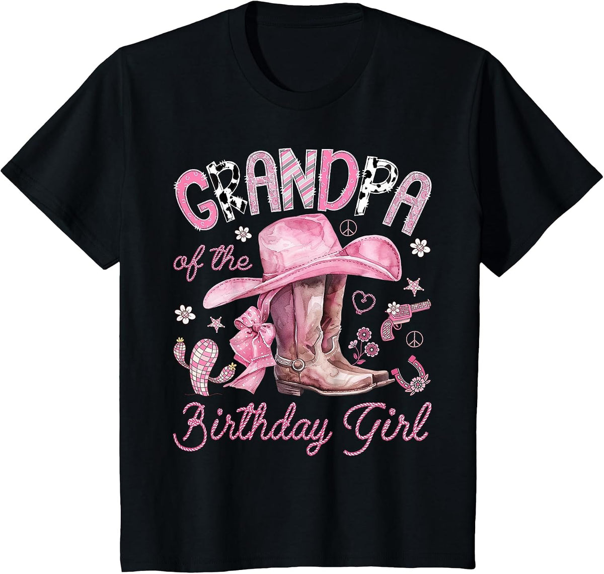 Grandpa of the Birthday Girl Pink Cowgirl Western Rodeo T-Shirt - Black