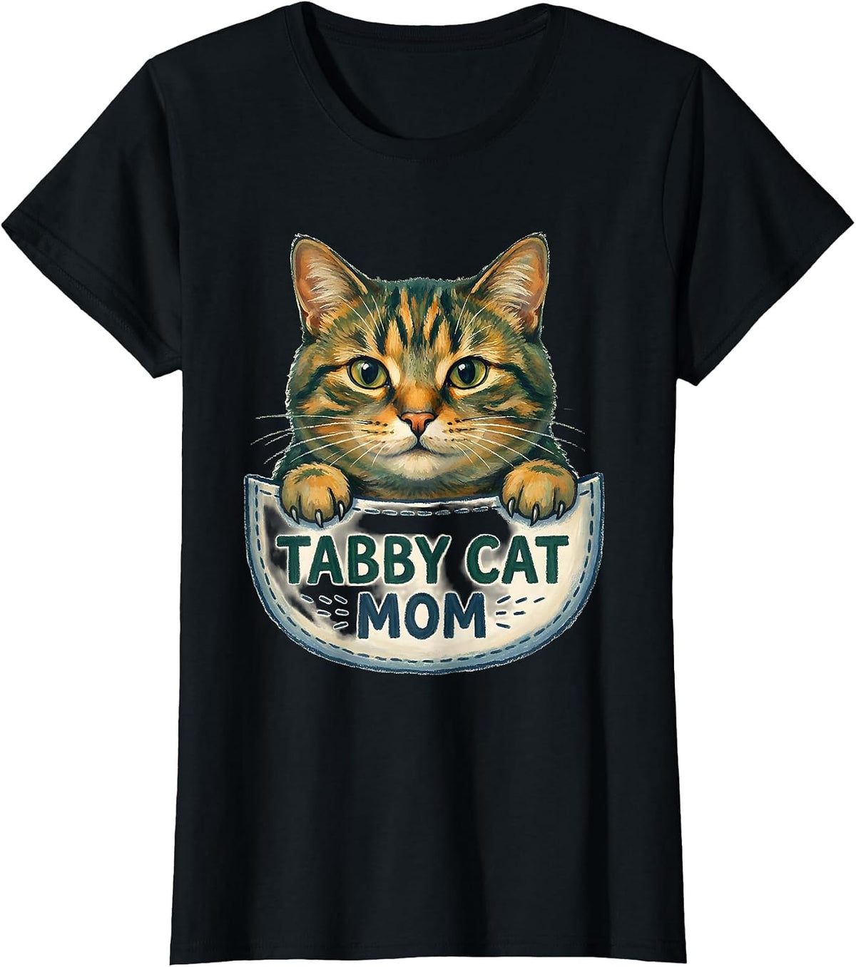 Women's Tabby Cat Mom Cute Cat Lover Storybook Pocket T-Shirt - Black