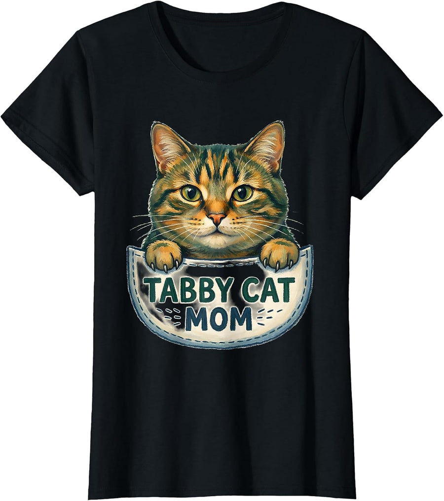 Women's Tabby Cat Mom Cute Cat Lover Storybook Pocket T-Shirt - Black