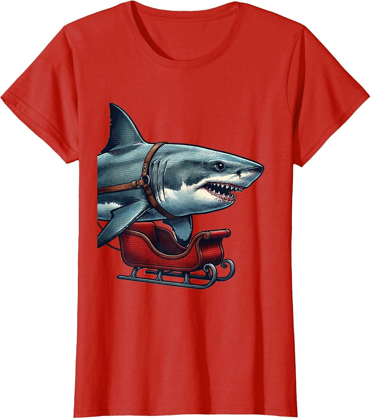 Shark Sleigh Funny Shark Lover Christmas Humor T-Shirt - Red