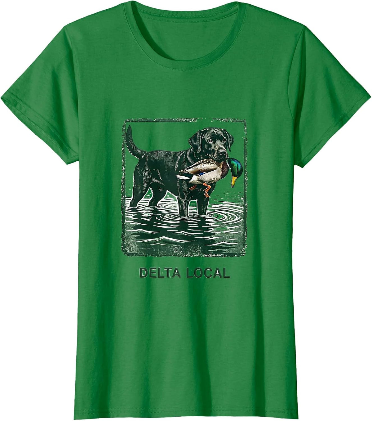 Women's Delta Local Rubber Stamp Black Lab Duck Hunting Southern T-Shirt - Kelly Green