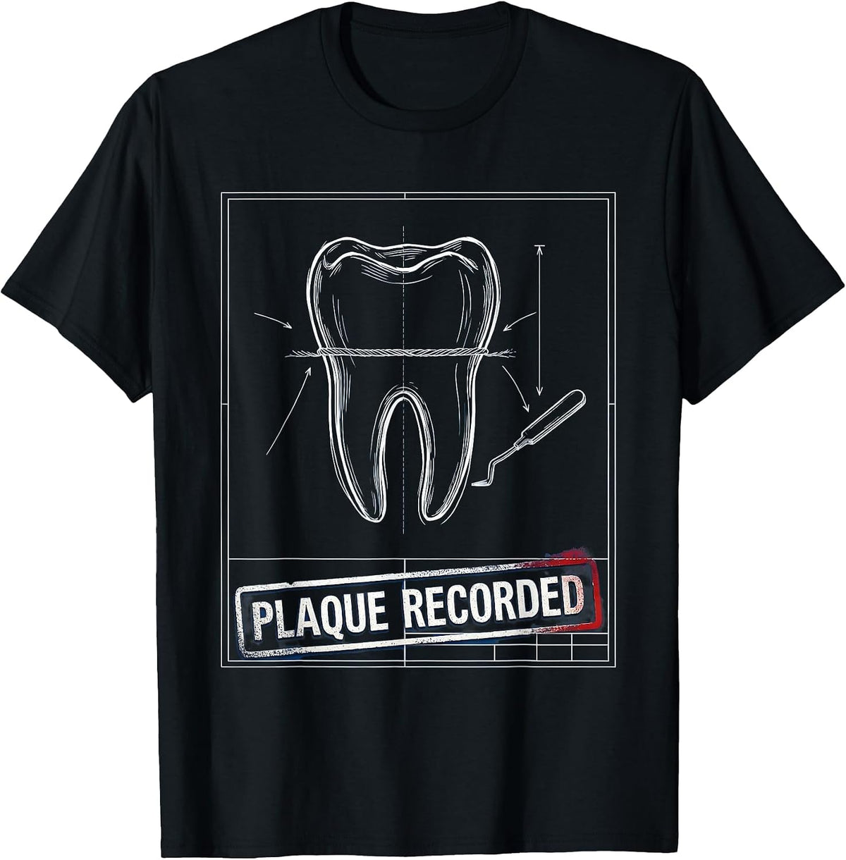 Men's Plaque Recorded Technical Blueprint Dental Hygienist Humor T-Shirt - Black