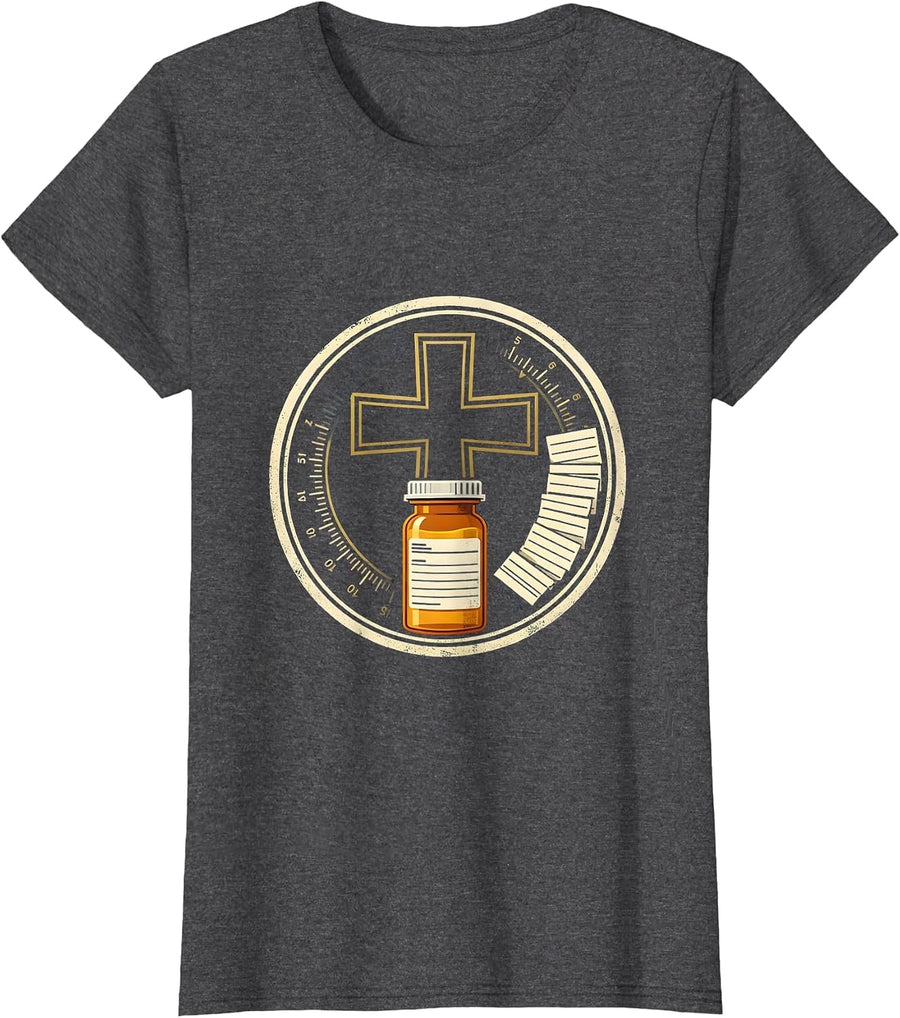 Women's Pharmacy Shield Badge Tech Crew Cute Occupation Pride T-Shirt - Dark Heather Grey