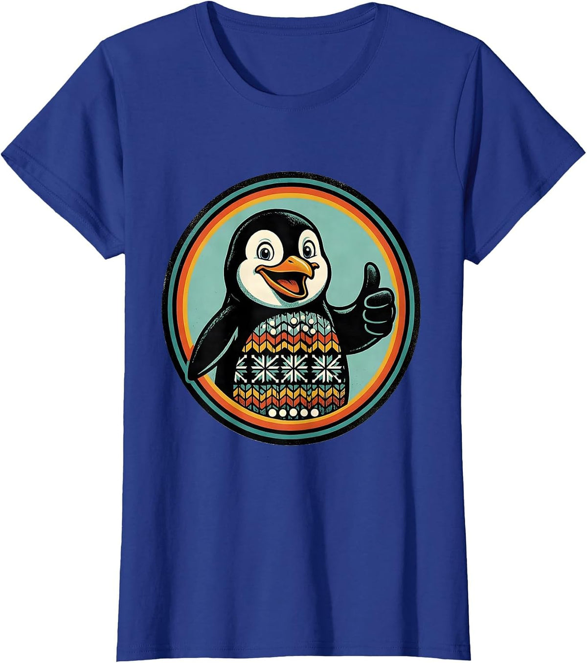 Women's Penguin Mascot Badge Retro Advertising Ugly Christmas T-Shirt - Royal Blue