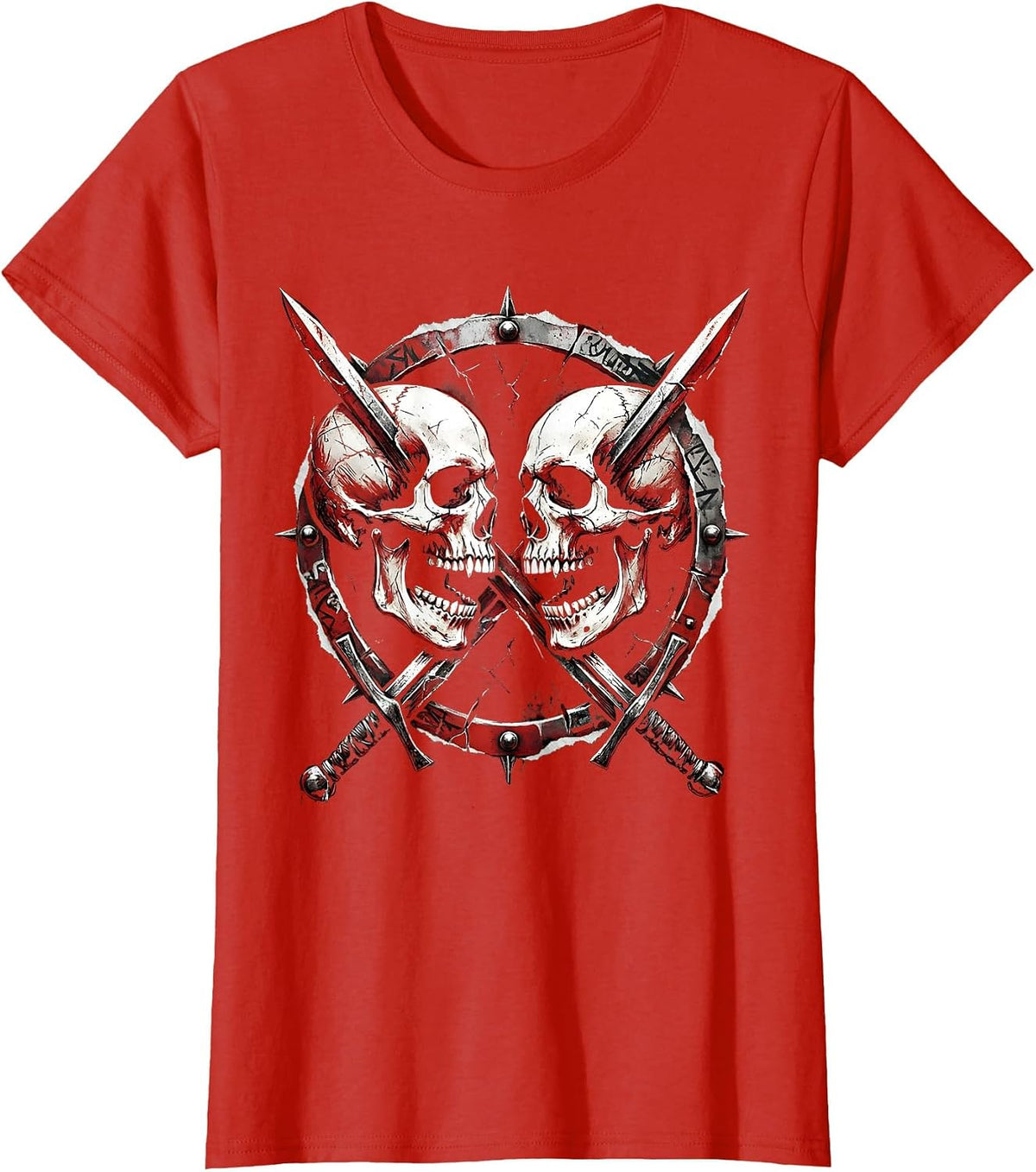 Dual Skulls Crossed Swords Death Metal Graphic T-Shirt - Red