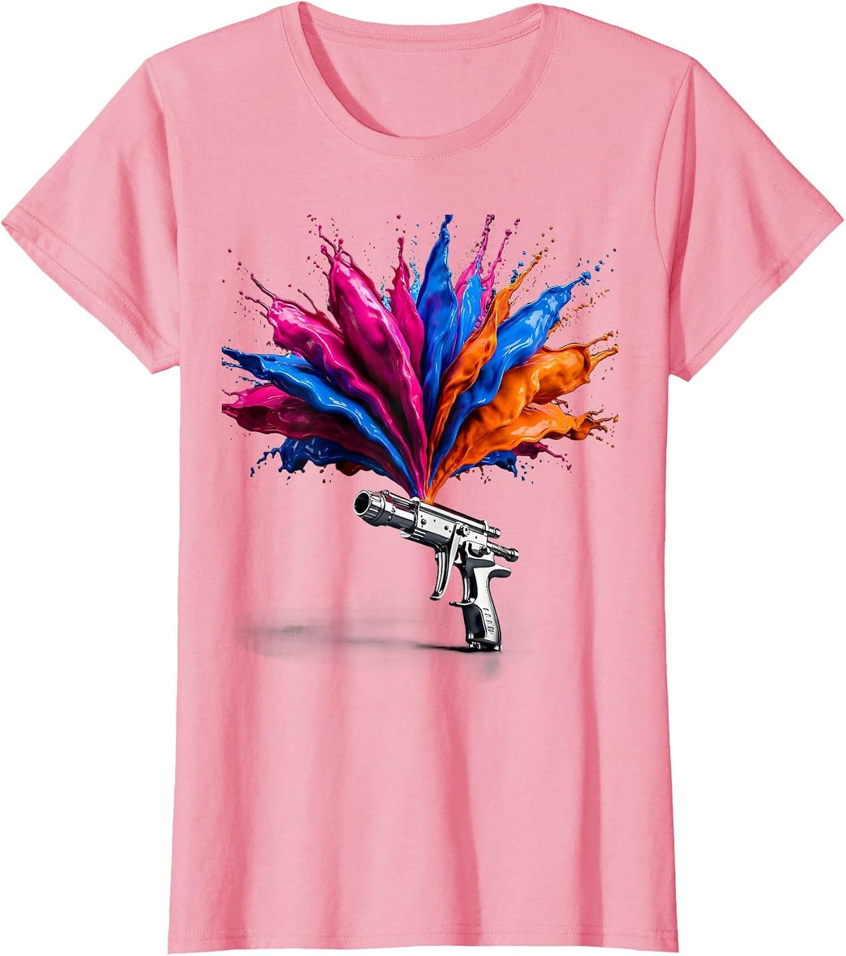 Women's Airbrush Gun Vibrant Color Burst Graphic T-Shirt - Pink