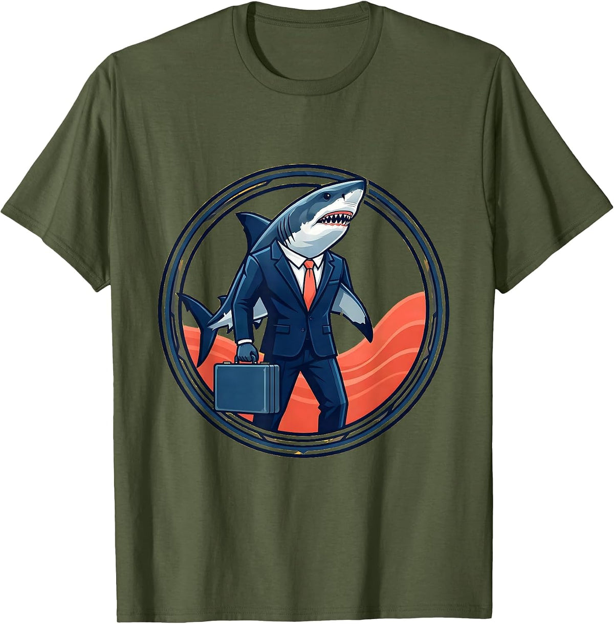 Shark In A Business Suit Funny Novelty Graphic T-Shirt - Olive Green