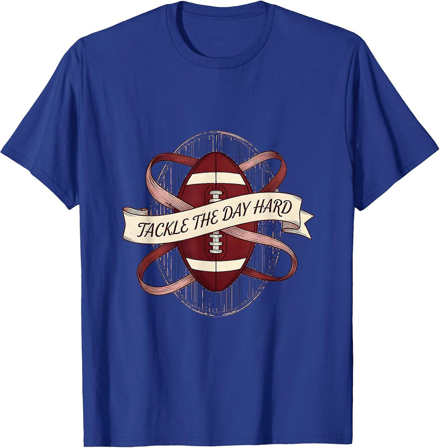 Tackle the Day Hard Rugby Graphic Design T-Shirt - Royal Blue