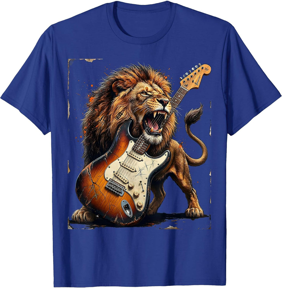 Roaring Lion Electric Guitar Rock And Roll Graphic T-Shirt - Royal Blue