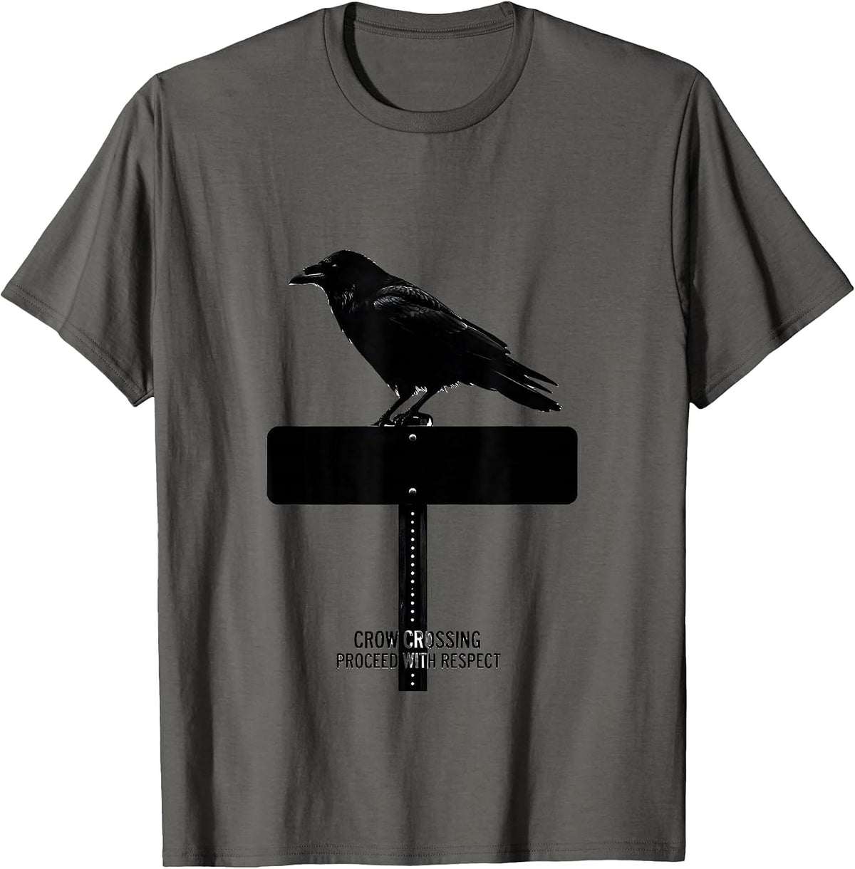 Men's Crow Crossing, Proceed With Respect Gothic Humor Bird Lover T-Shirt - Asphalt Grey
