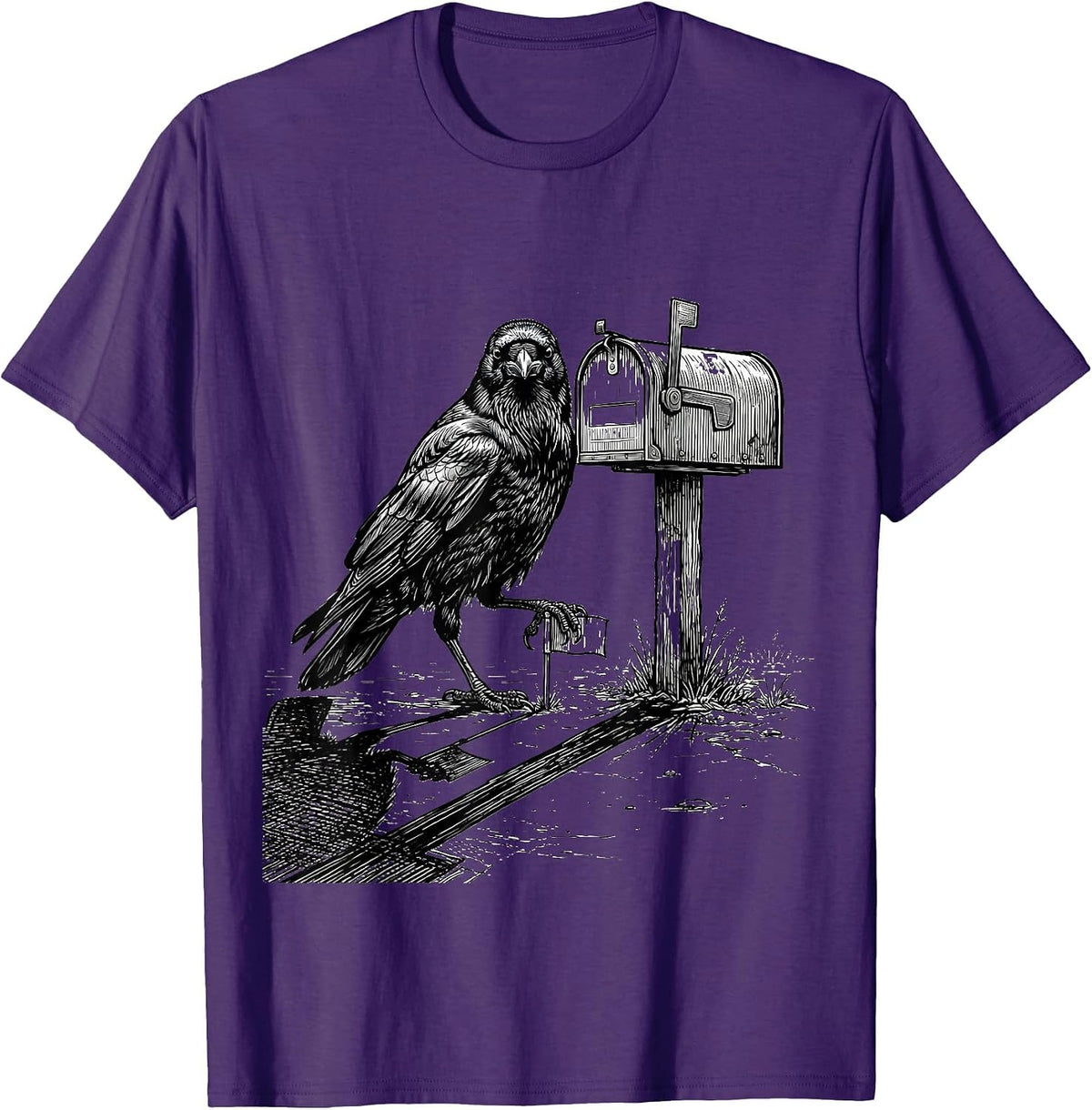 Men's Crow Mailbox Line Art Dark Humor Gothic Bird Lover T-Shirt - Purple