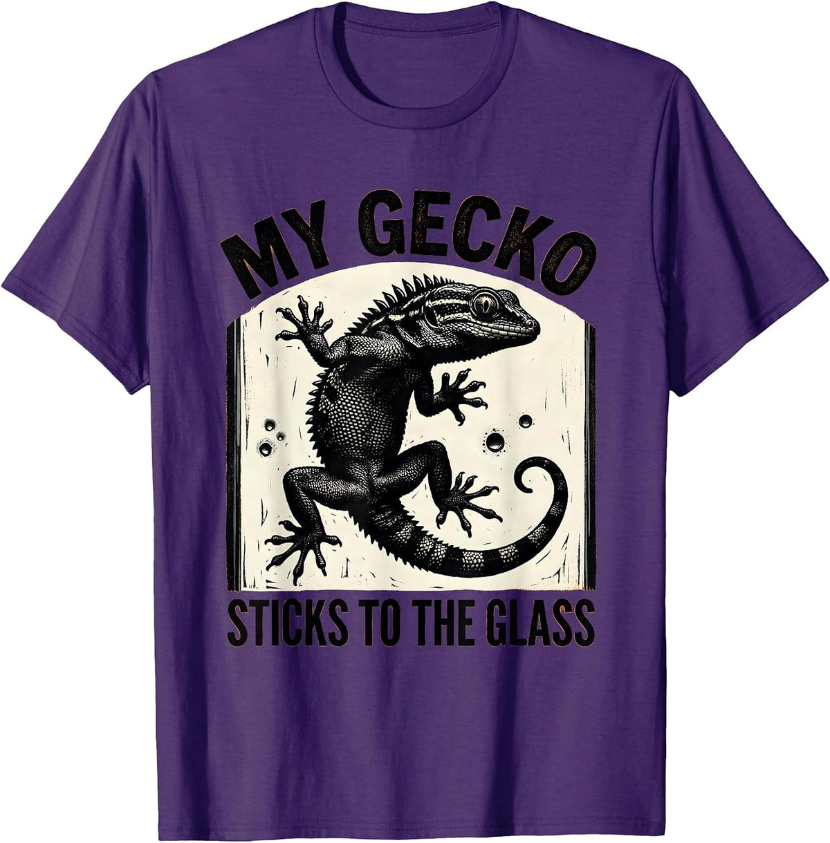 Men's My Gecko Sticks To The Glass Funny Reptile Pet Lover Linocut T-Shirt - Purple