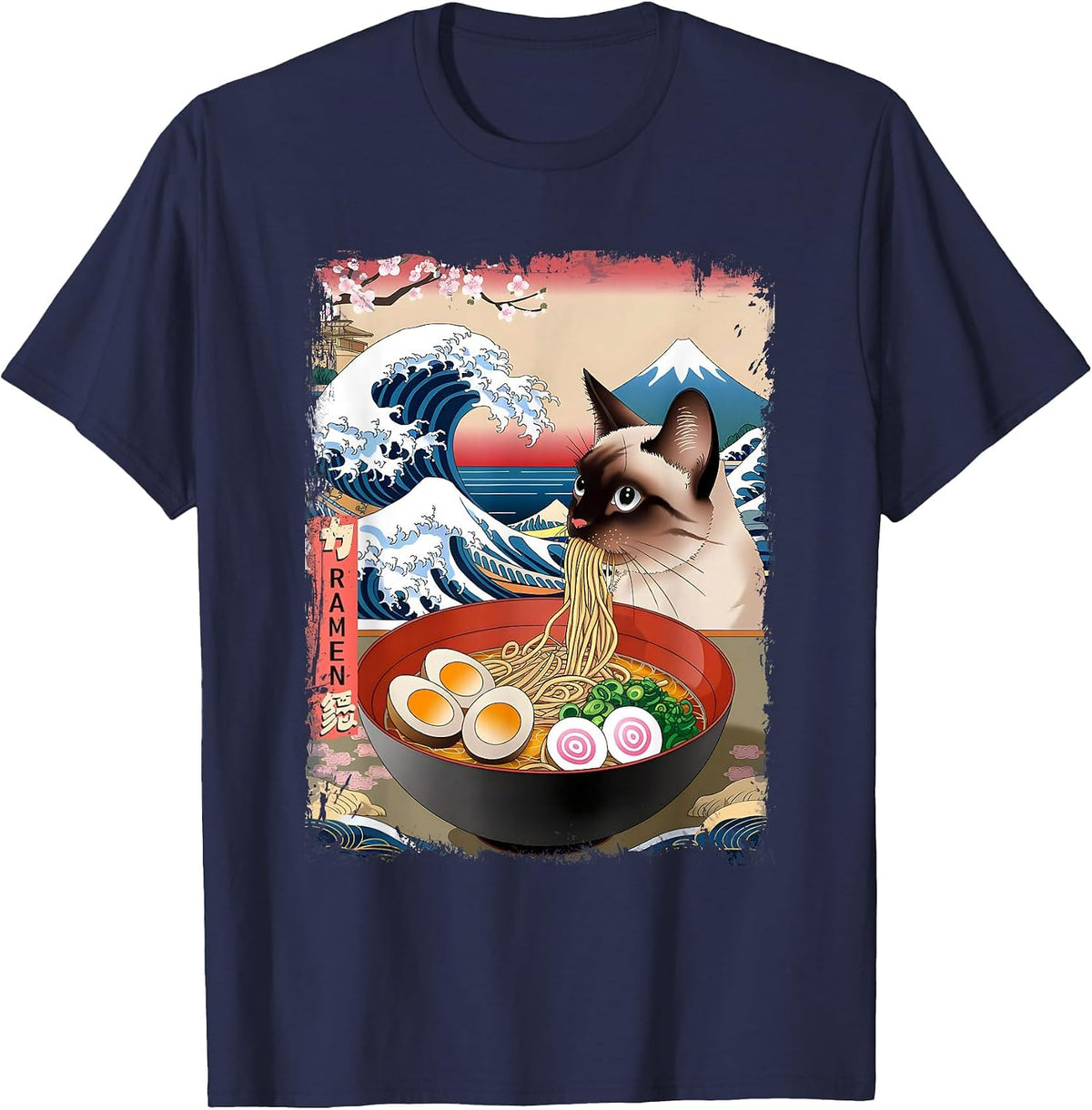 Siamese Cat Eating Ramen Noodles Ocean Waves Japanese Art T-Shirt - Navy Blue