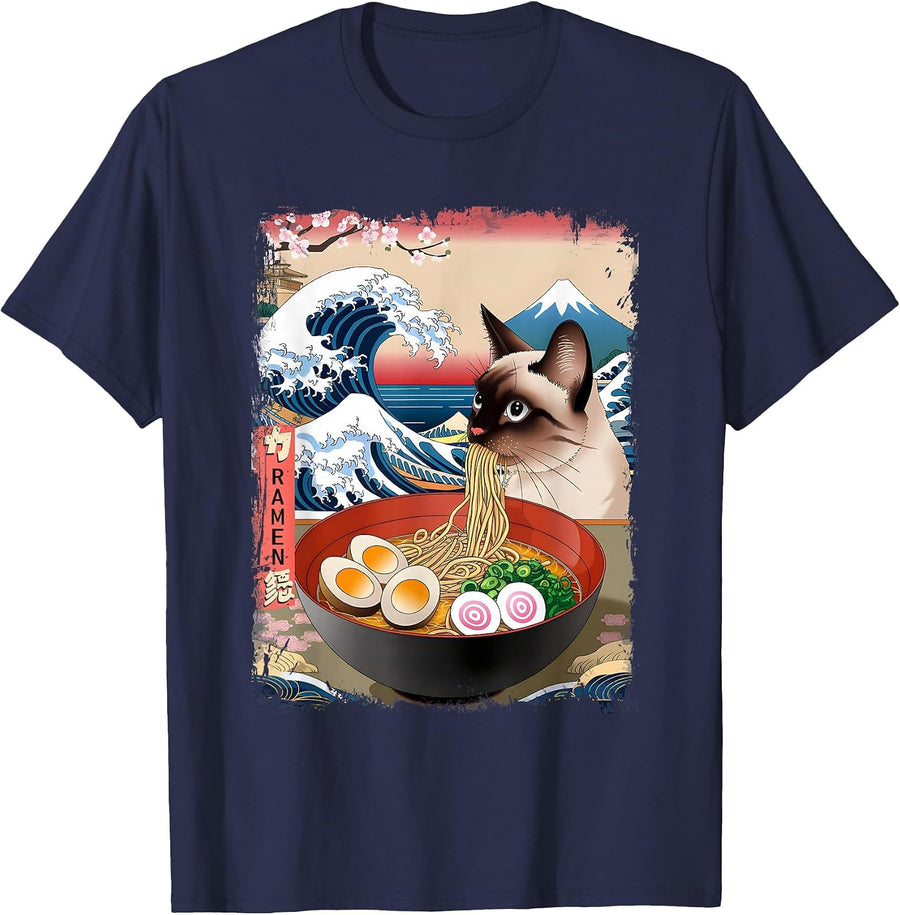 Siamese Cat Eating Ramen Noodles Ocean Waves Japanese Art T-Shirt - Navy Blue