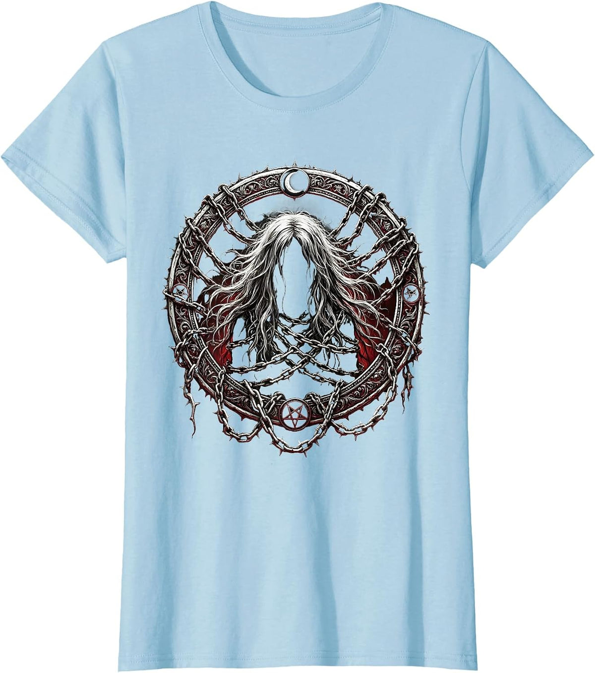 Emo Chained Long Hair Dark Art Graphic T-Shirt - Baby Blue